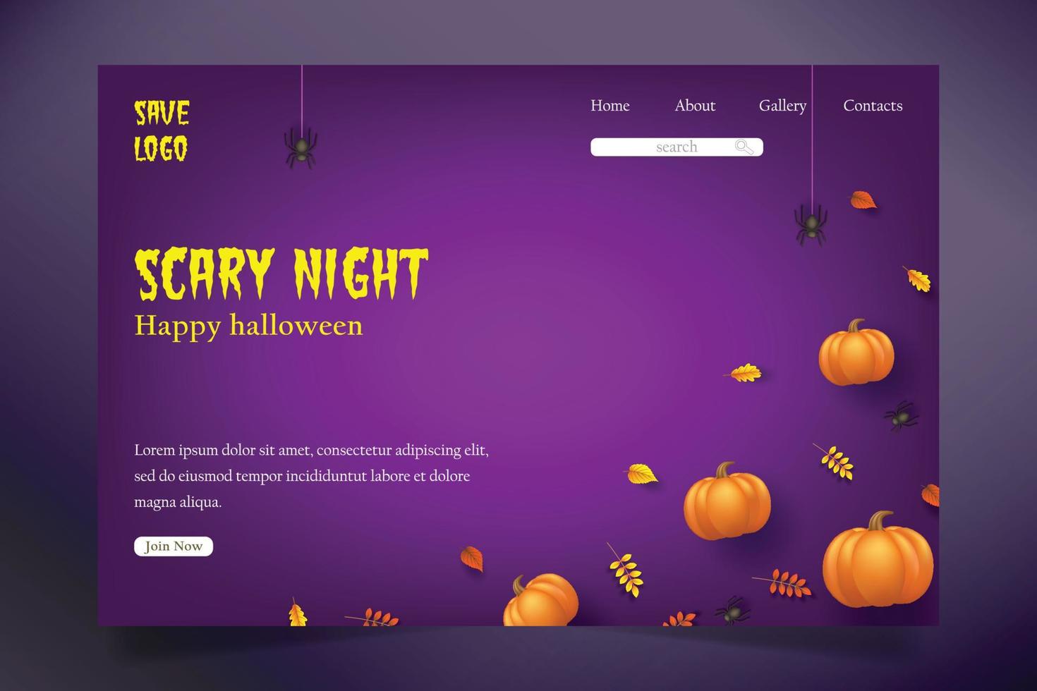 Halloween Landing Page Vorlage Herbstblätter, Spinne und Kürbishintergrund. vektor