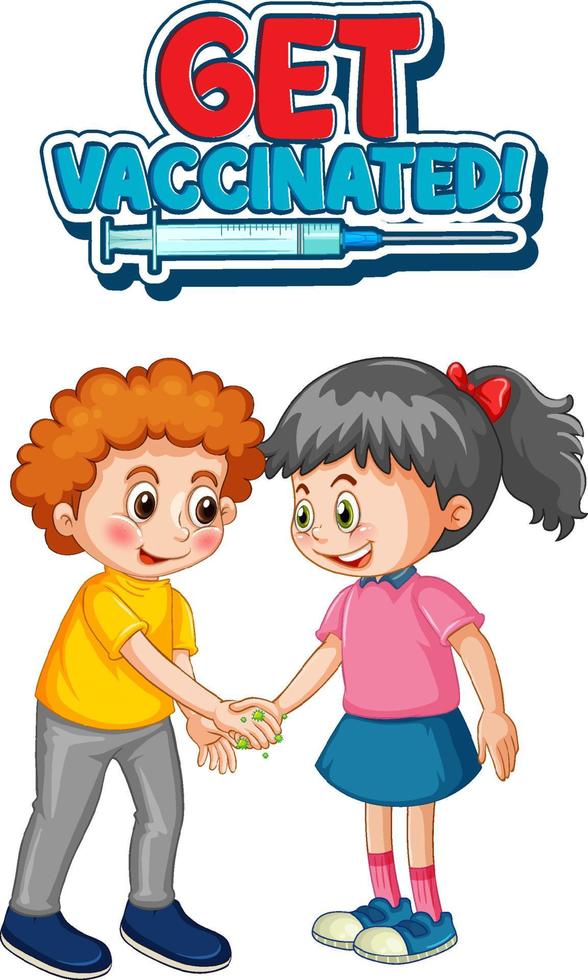 Zwei Kinder-Cartoon-Figur hält keine soziale Distanz mit geimpfter Schrift isoliert auf weißem Hintergrund vektor