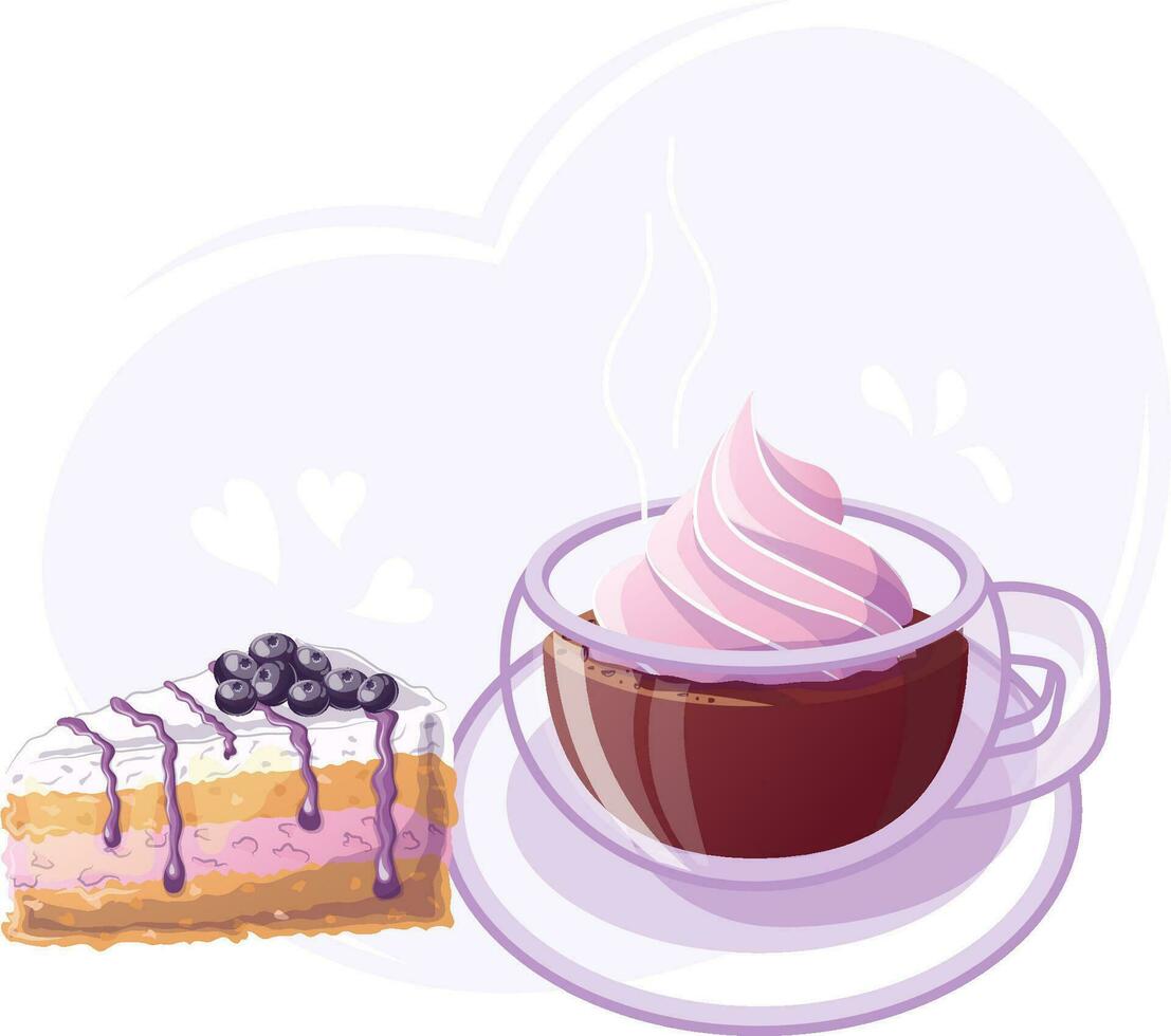 Blaubeere Kuchen und Becher von heiß Kakao im Karikatur Stil. Gekritzel. Vektor Illustration zum Poster, Banner, Webseite, Werbung. Vektor Illustration mit bunt Süss Nachtisch.