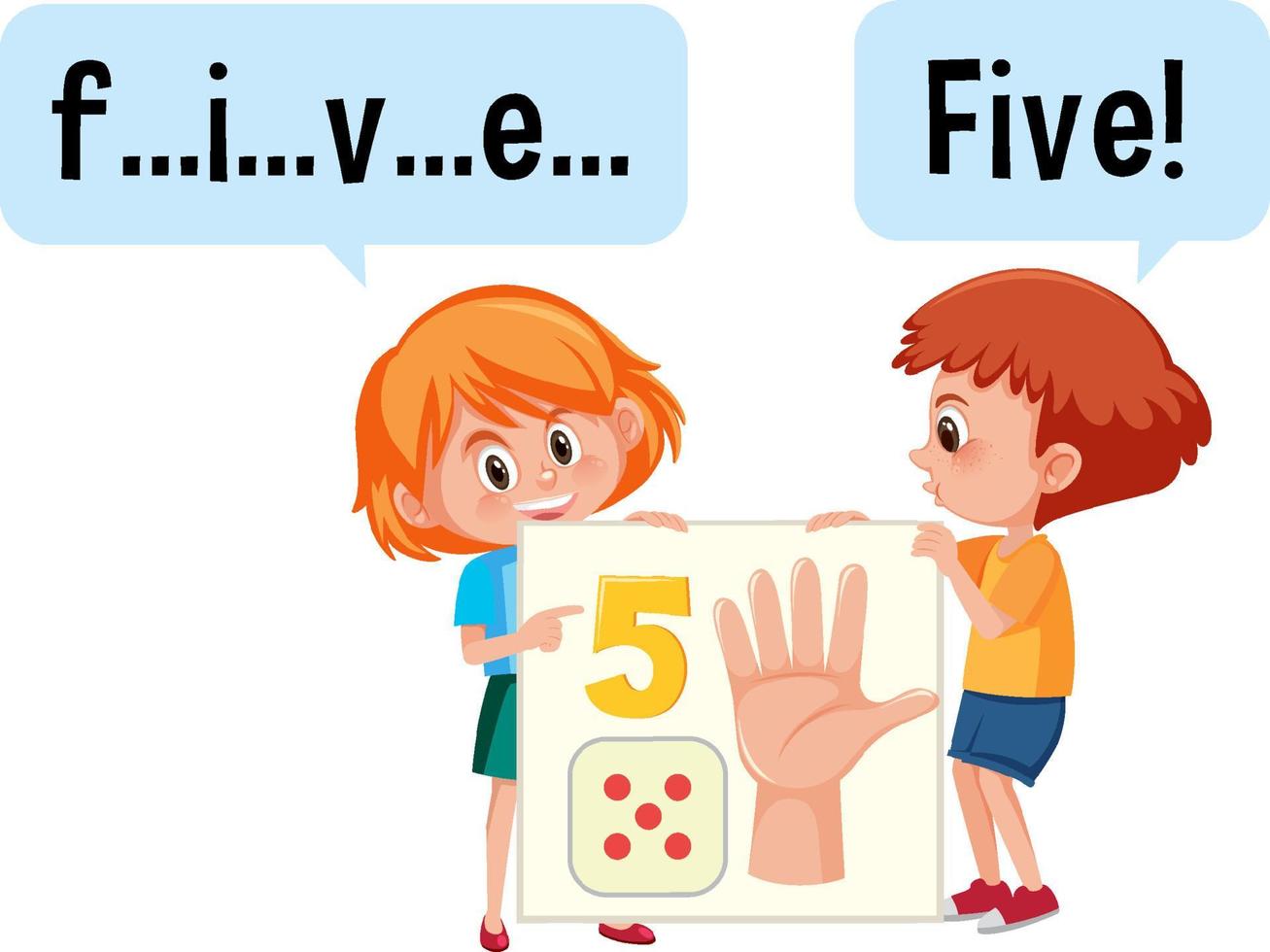 Zeichentrickfigur von zwei Kindern, die die Nummer fünf buchstabieren vektor