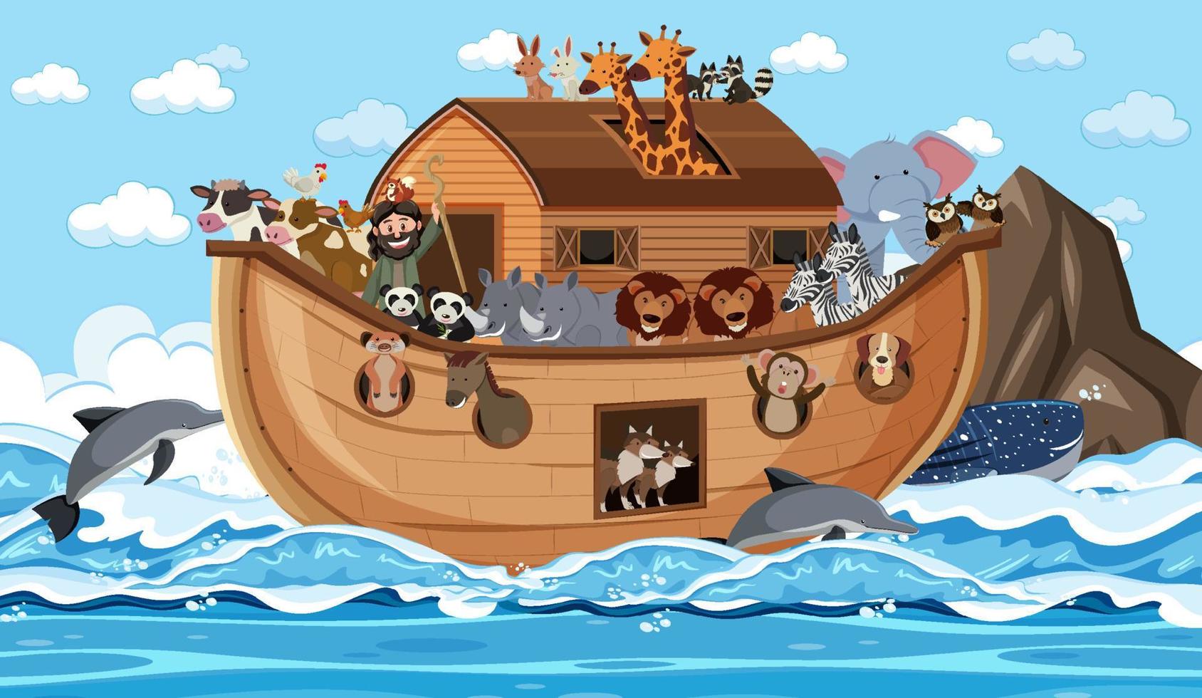 Noahs ark med djur i havsscenen vektor