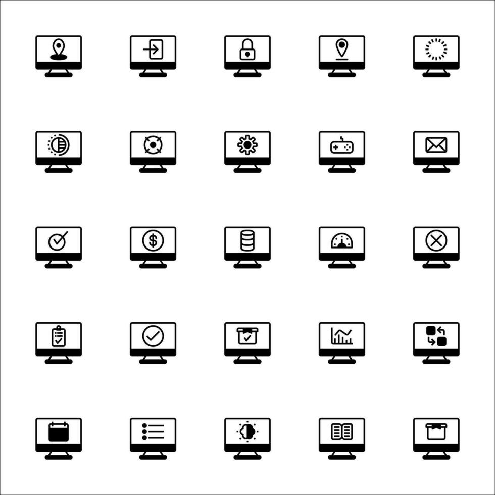 Monitor Symbol einstellen gefüllt schwarz Stil. Symbole einstellen Sammlung vektor