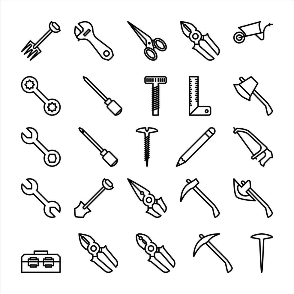 Konstruktion Werkzeug Symbol Satz. Linie Symbol Sammlung. enthält Axt, bohren und Hammer Symbole. vektor