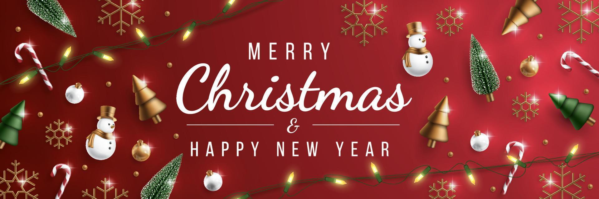 Frohe Weihnachten-Banner mit realistischer Weihnachtsverzierung. Weihnachtskugel, Baum, Schneemann und Lichterkette-Vektor-Illustration. vektor