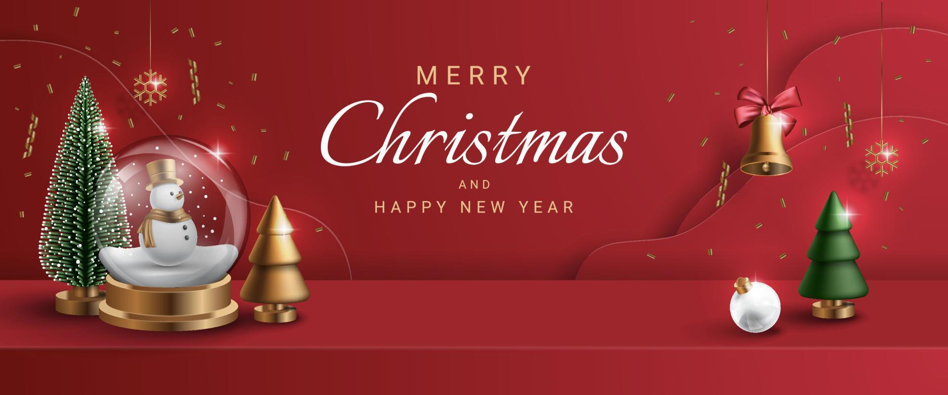 Frohe Weihnachten-Banner mit realistischer Weihnachtsverzierung. Weihnachtsschneemann, Baum und Glocke. Vektor-Illustration. vektor