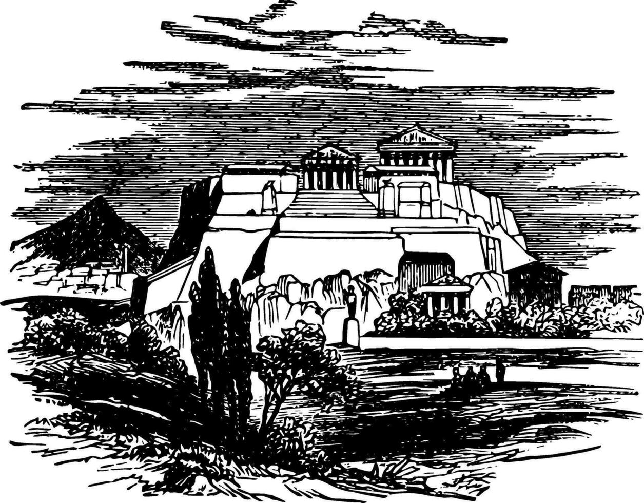 Akropolis oder Städte von Griechenland Jahrgang Gravur. vektor