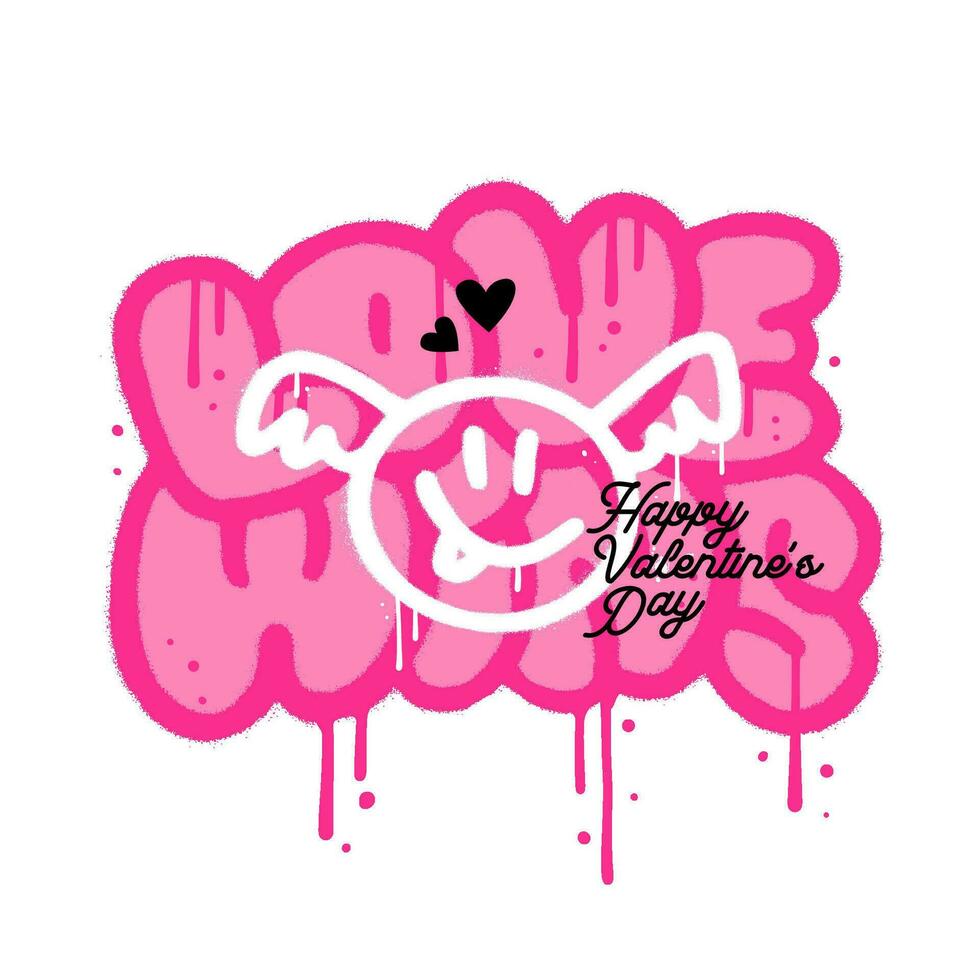 spray målad graffiti flygande emoji med vingar ikon i svart över rosa sprutas ord kärlek vinner. trendig 90s gata konst vektor illustration isolerat på vit bakgrund.