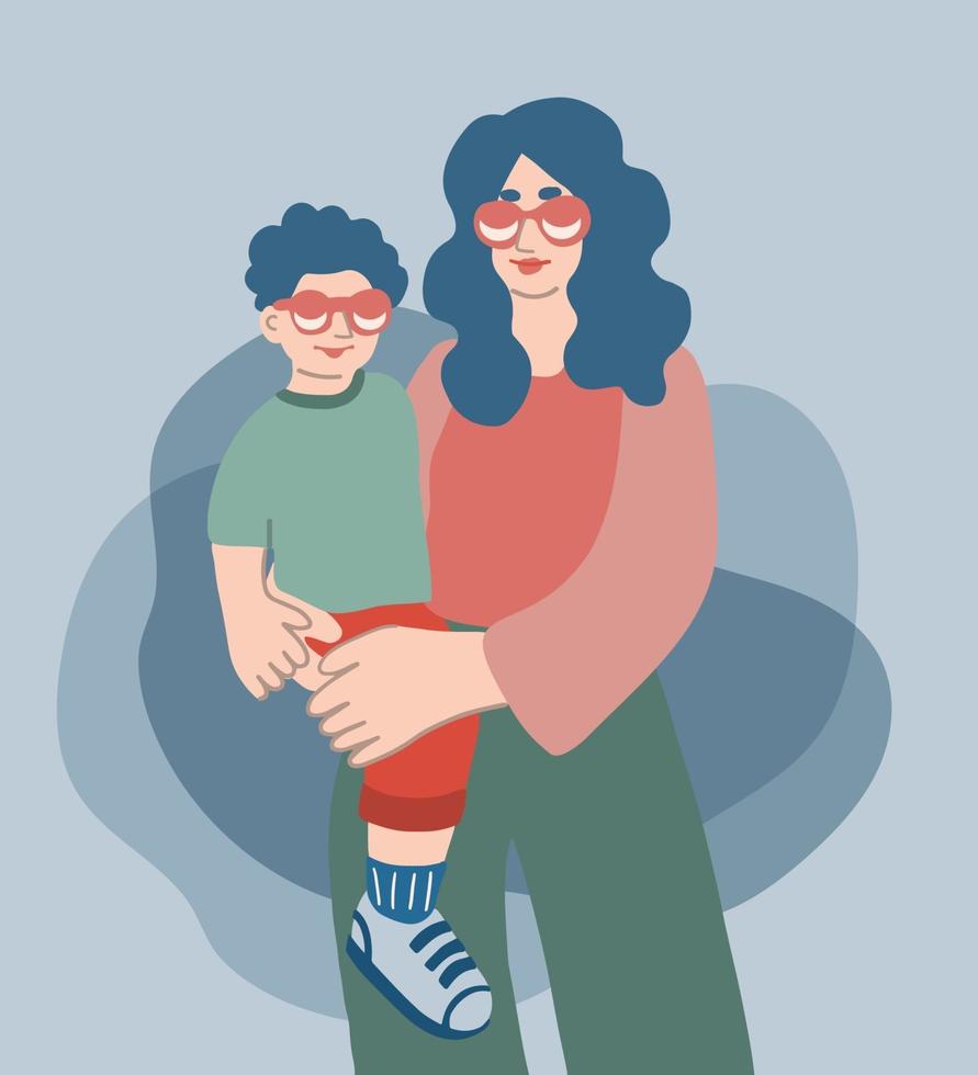 ung snygg mamma som håller sin lilla son. handritad platt vektor illustration
