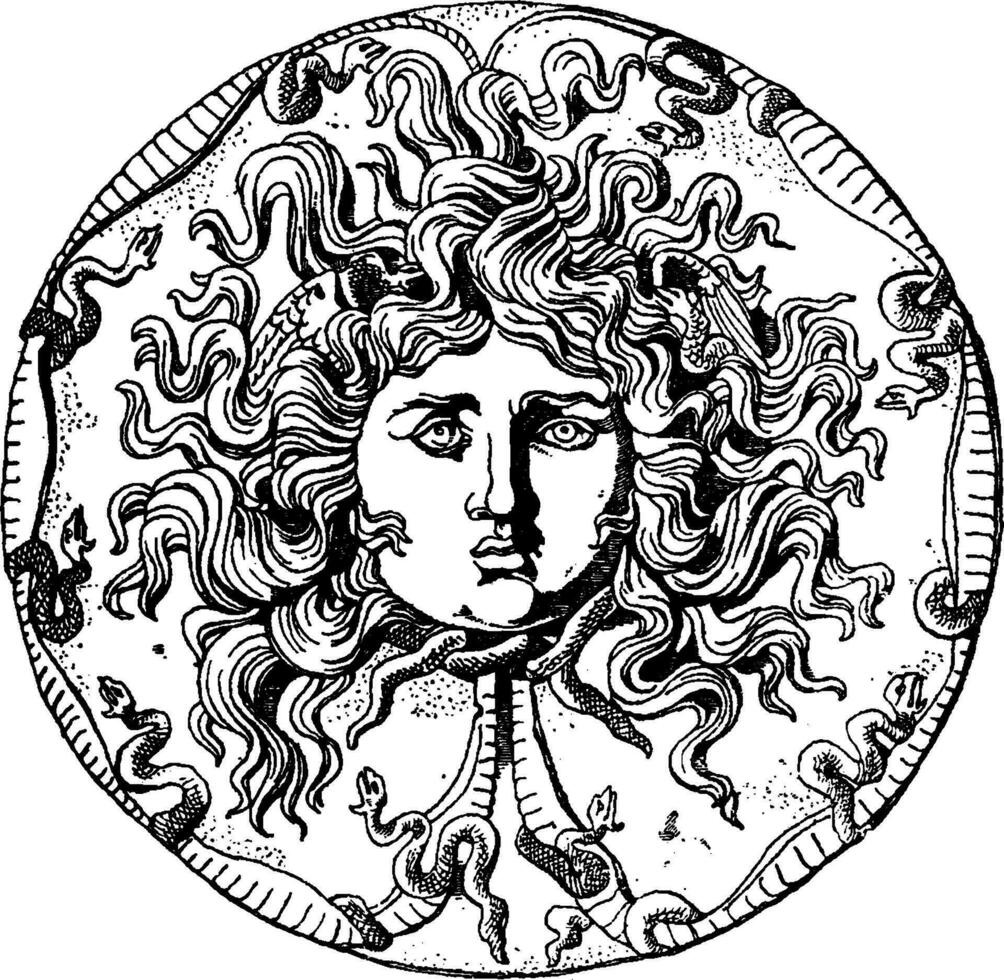 farnese medusa huvud maträtt är ett onyx patera eller svart maträtt, årgång gravyr. vektor