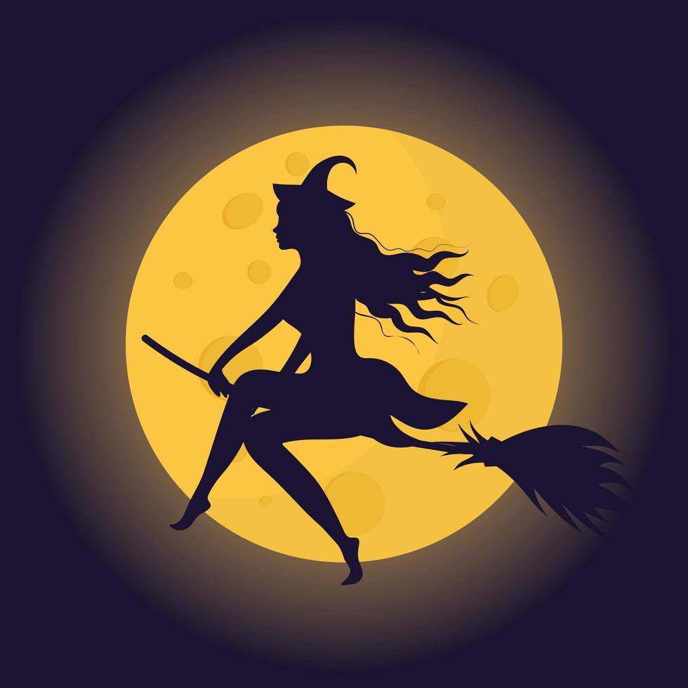 Halloween-Hexe-Silhouette auf einem Besen gegenüber dem Mond. vektor