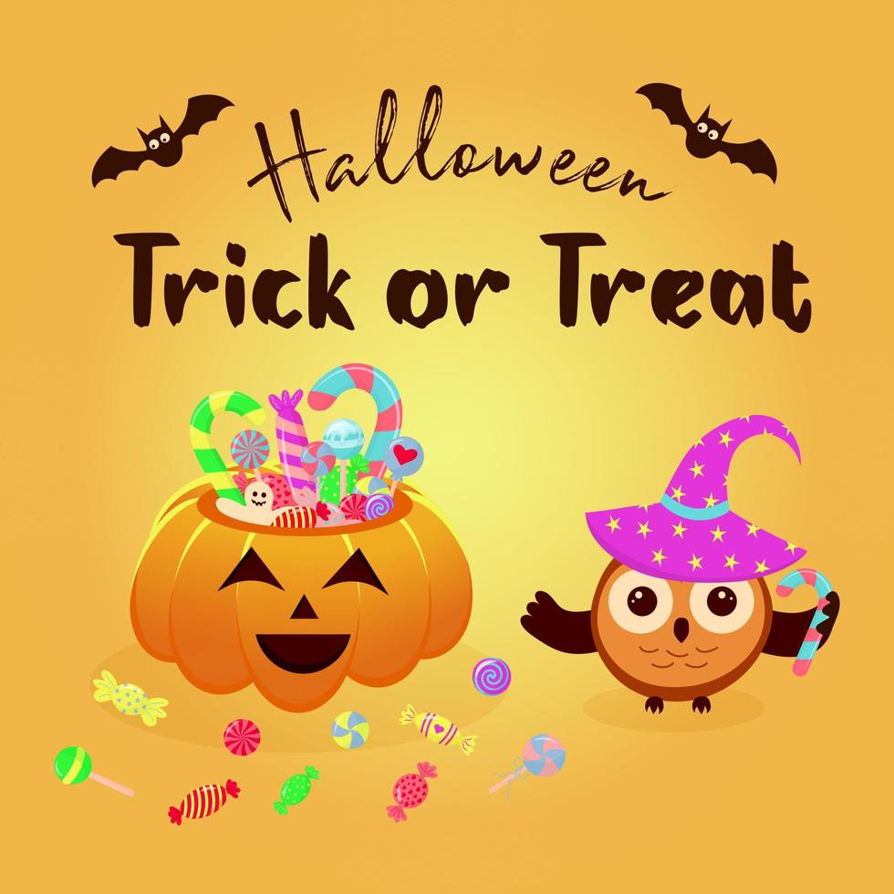 halloween pumpakorg full av godis och godis och uggla i en magisk hatt. vektor