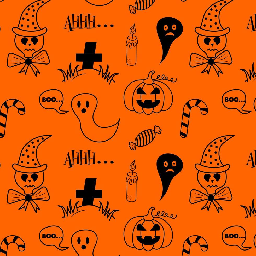 nahtloses Halloween-Muster mit Doodle-Geistern, Schädel, Kerze, Süßigkeiten und Grab. vektor