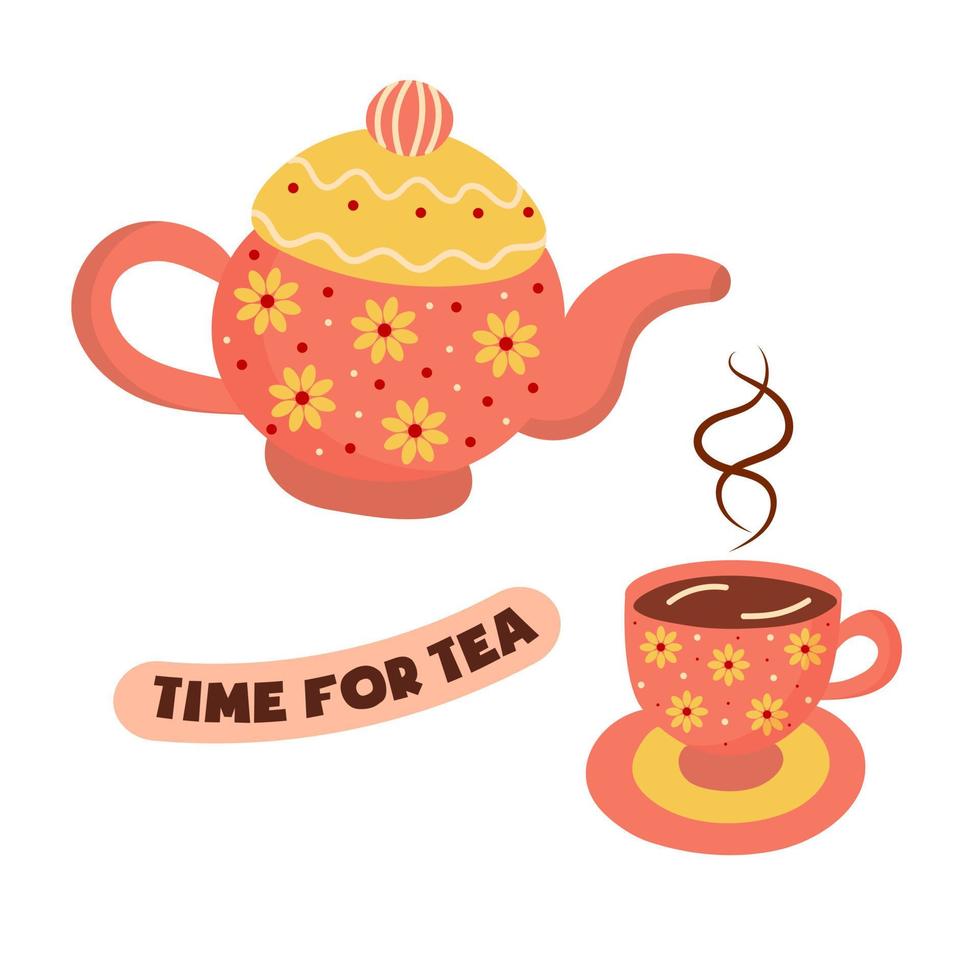 Zeit für Tee, eine Teekanne und eine Tasse Heißgetränk mit Untertasse. vektor