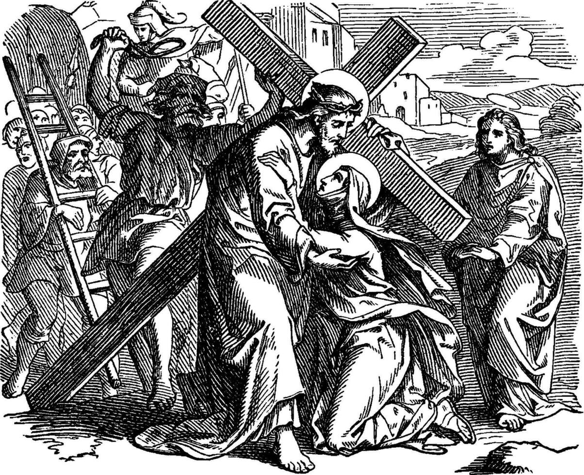 Jesus Tragen das Kreuz auf das Weg zu Kalvarienberg Jahrgang Illustration. vektor