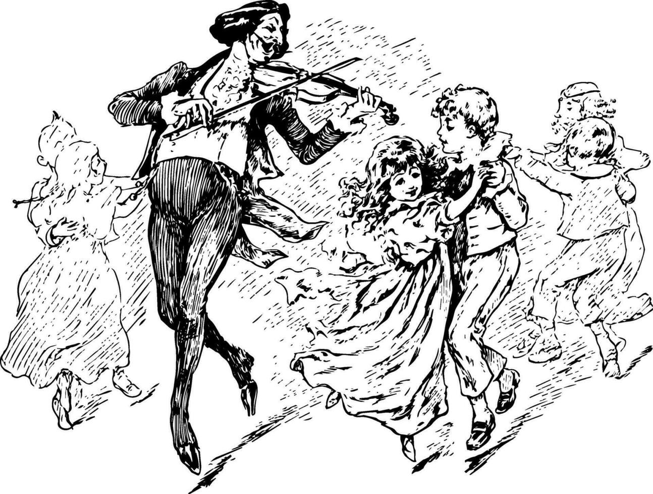 Mann spielen Violine mit Kinder Tanzen, nahrhaft Gefühl von Liebe, Jahrgang Gravur. vektor