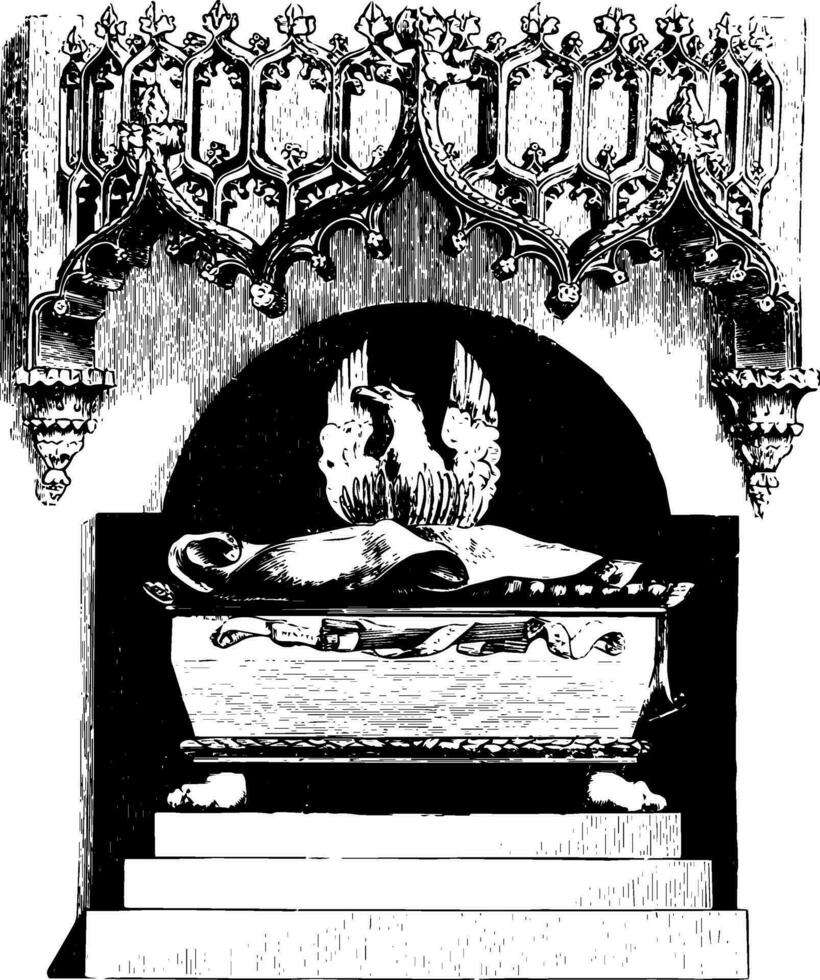 Sarkophag mit Überdachung ist geformt im Stein, Jahrgang Gravur. vektor