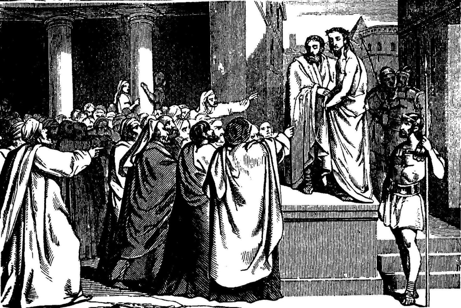 Pilatus bringt Jesus Vor das Menschen Jahrgang Illustration. vektor