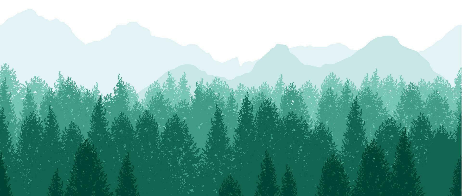 Vektor nahtlos Wald Hintergrund Illustration mit Berge im das Hintergrund. horizontal wiederholbar.