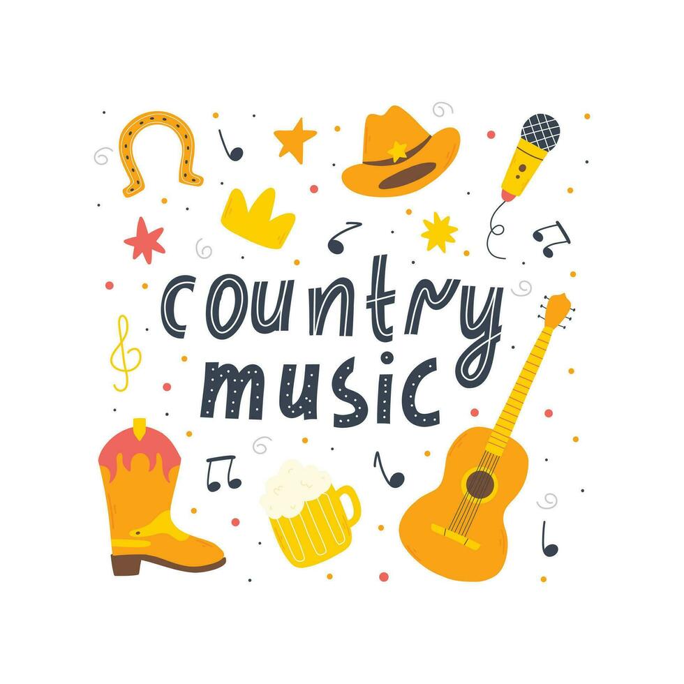 Land Musik- Konzept. einstellen von Land Musik- Elemente im Hand gezeichnet Stil. Cowboy Musik- Vektor Illustration.