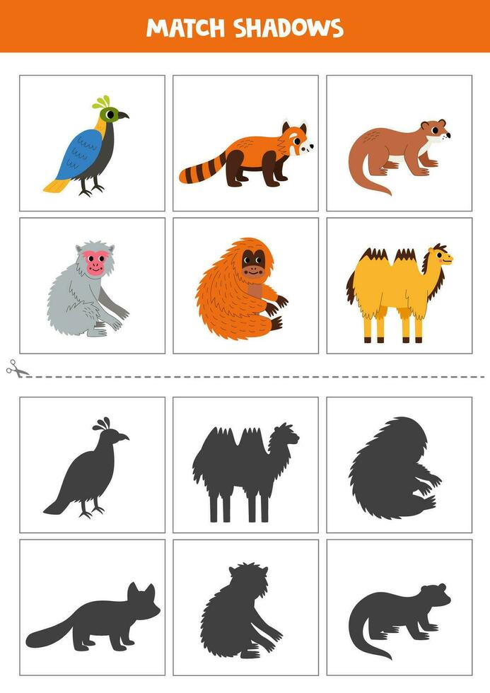 hitta skuggor av söt asiatisk djur. kort för ungar. vektor