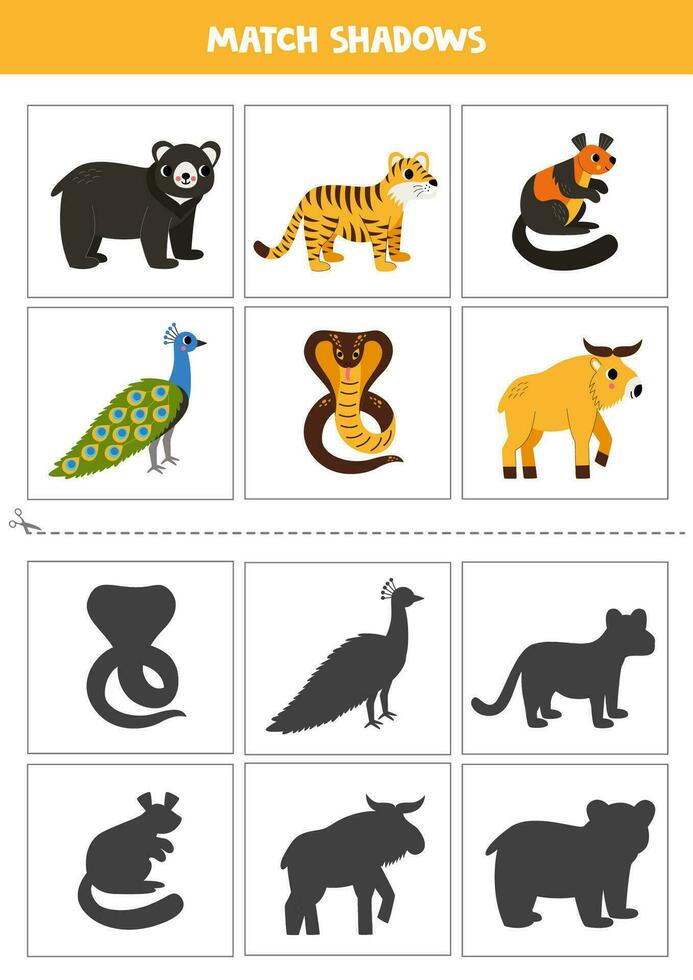 hitta skuggor av söt asiatisk djur. kort för ungar. vektor