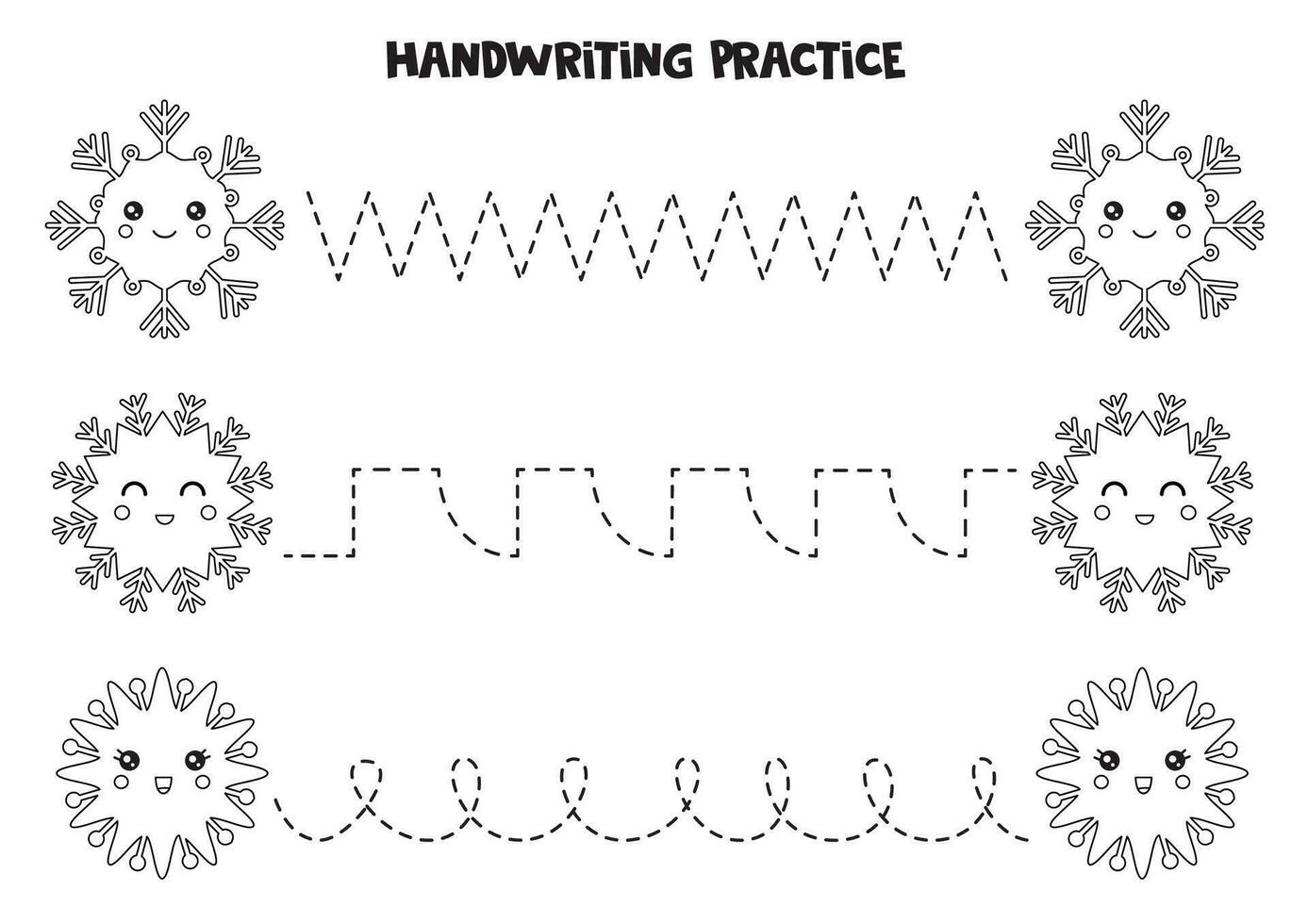 spårande rader för ungar. tecknad serie svart och vit snöflingor. skrivning öva. vektor