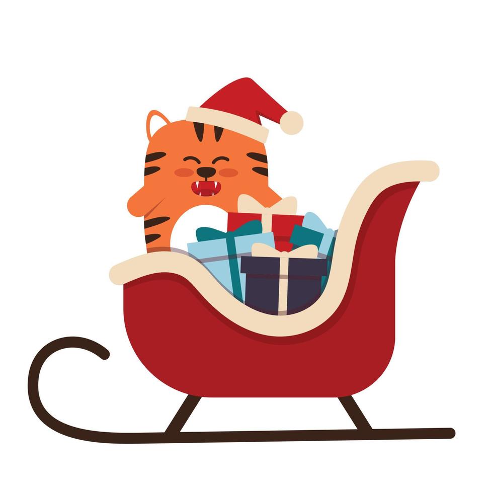 süße kleine orange Tigerkatze im flachen Stil. das symbol des chinesischen neujahrs 2022. ein tier mit einer weihnachtsmütze mit geschenken in einem schlitten. für Banner, Kinderzimmerdekoration. Vektor-Illustration. vektor
