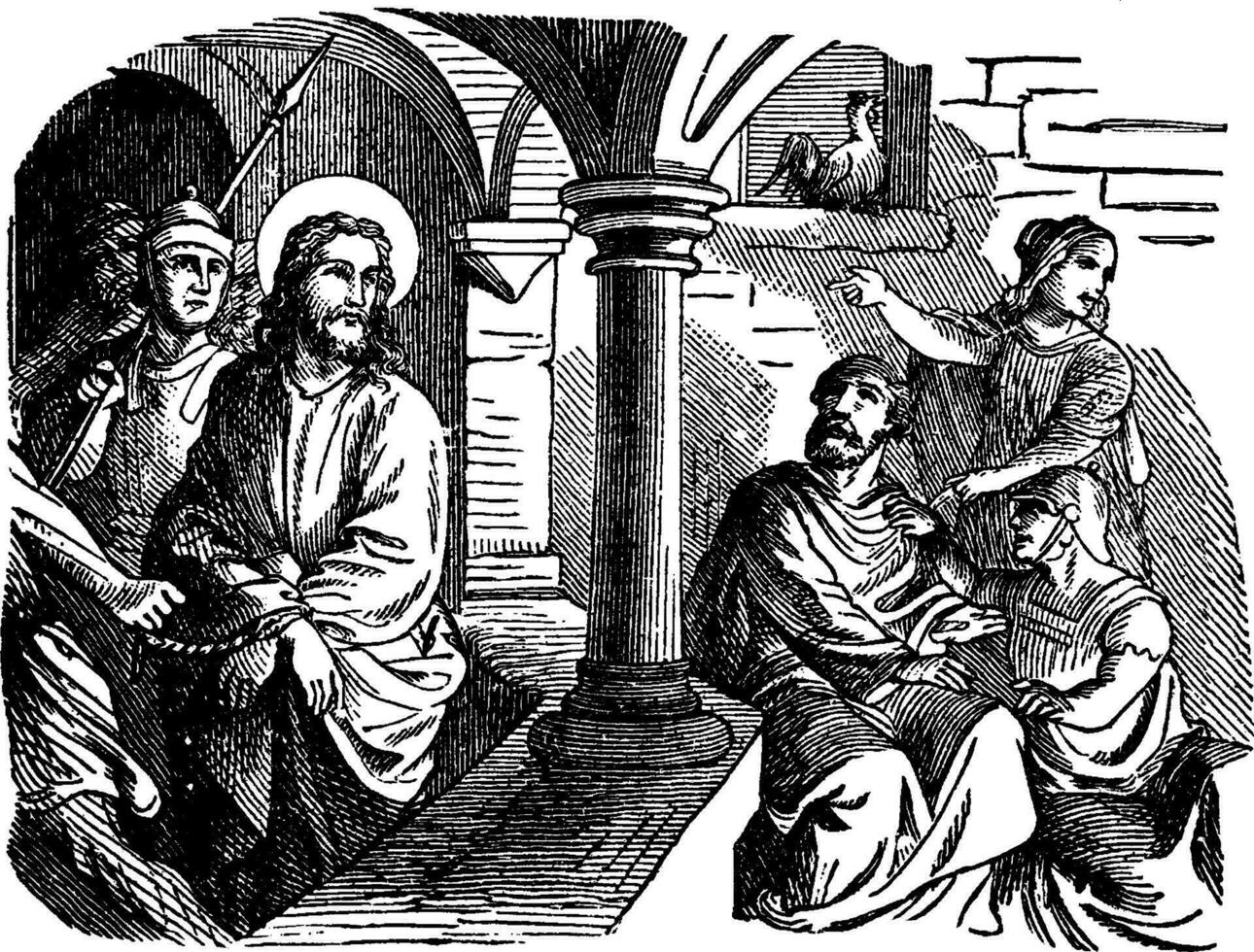 das Verweigerung von Peter - - Jesus sieht aus beim Peter im das Hof Jahrgang Illustration. vektor