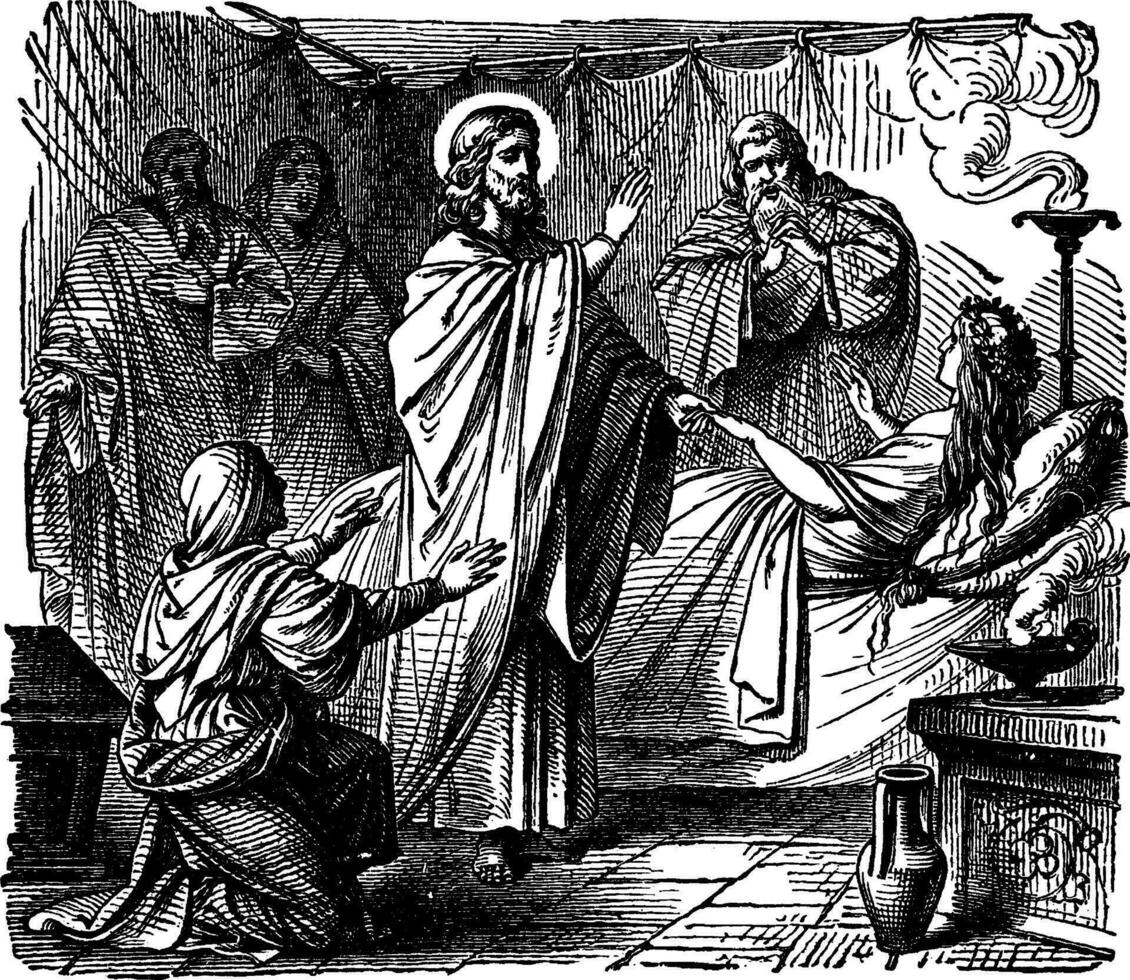 das erziehen von jairus' Tochter - - Jesus bringt ein jung Mädchen zurück zu Leben Jahrgang Illustration. vektor