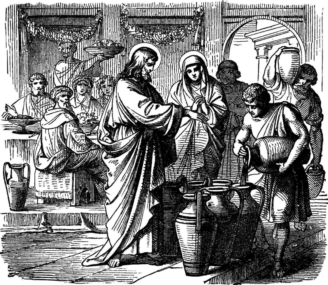 Jesus wendet sich Wasser in Wein beim das Hochzeit beim cana Jahrgang Illustration. vektor