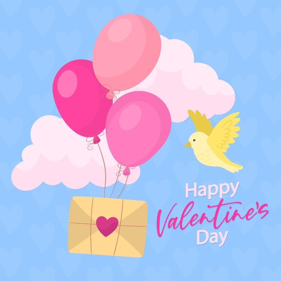 Valentinstagskarte mit Luftballons und Himmel mit Wolkenhintergrund vektor