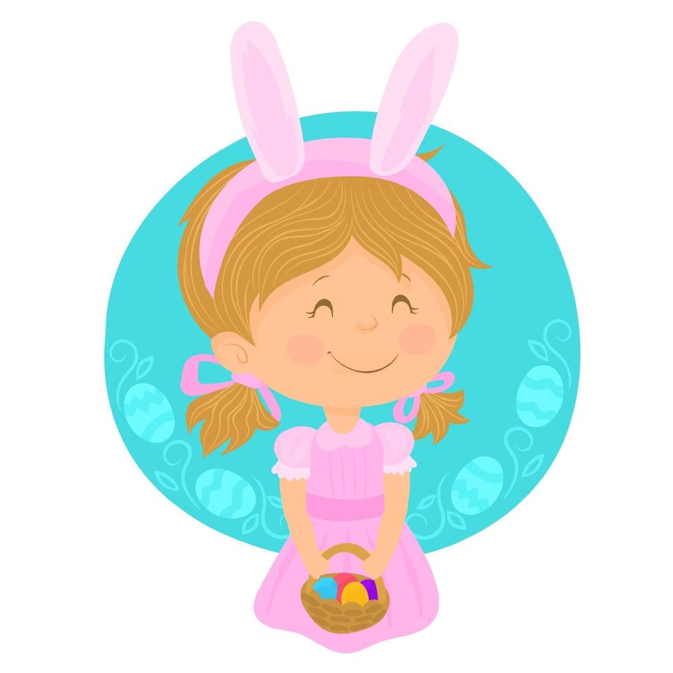 liten flicka klädd i påskhareöron och en korg full av färgglada ägg vektor