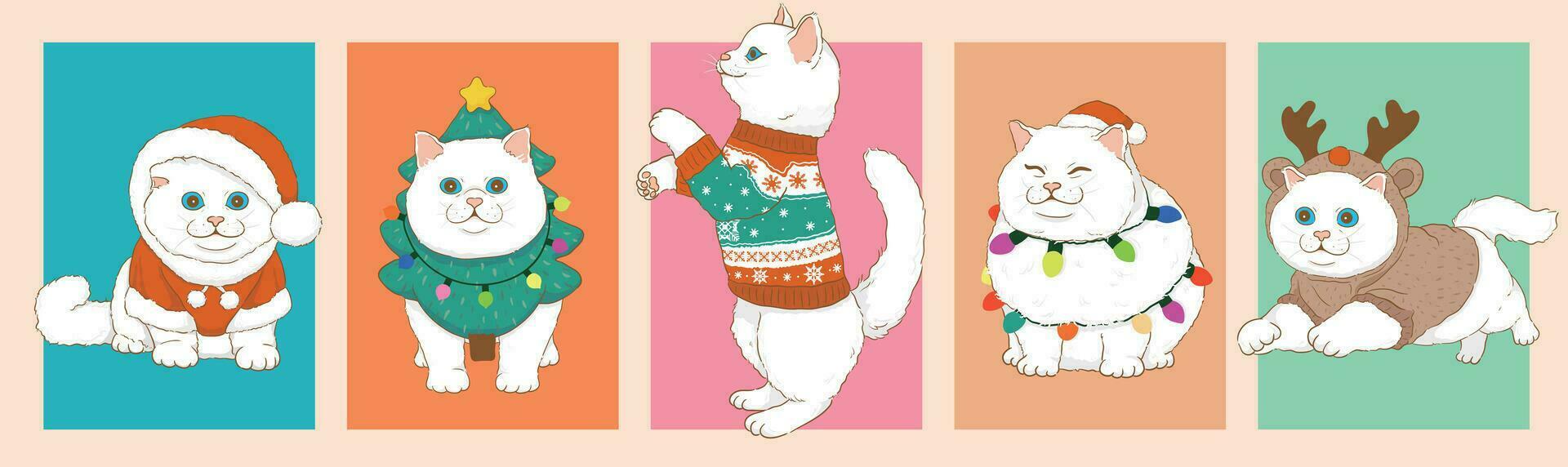 tecknad serie vit katt bär jul kostym för jul dag illustration premie vektor