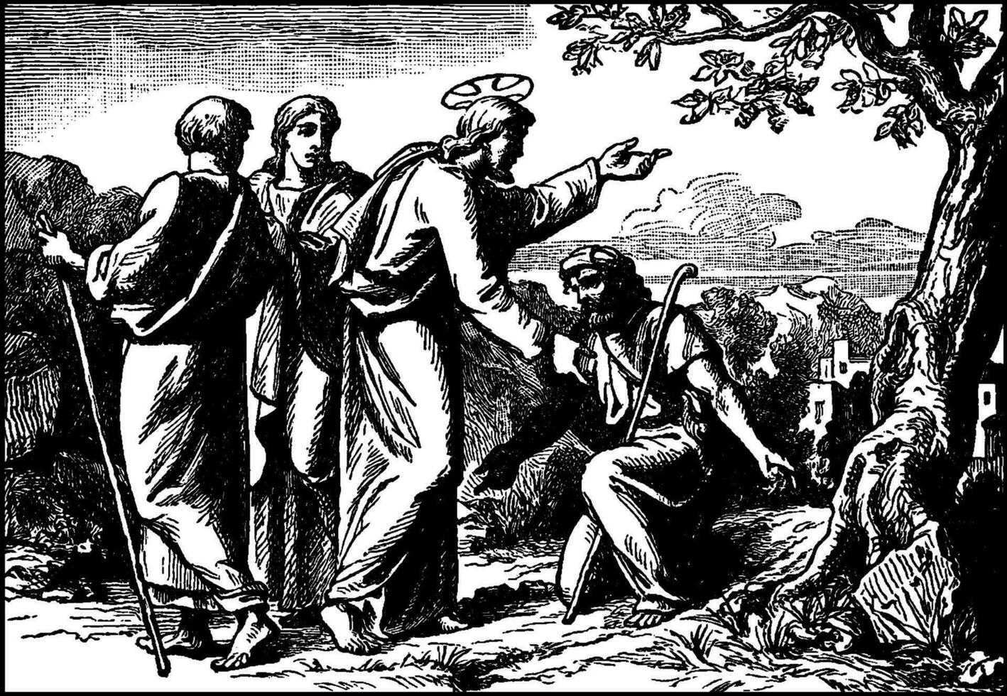 Jesus heilt zehn Leprakranke und nur das Samariter kehrt zurück zu geben Vielen Dank Jahrgang Illustration. vektor