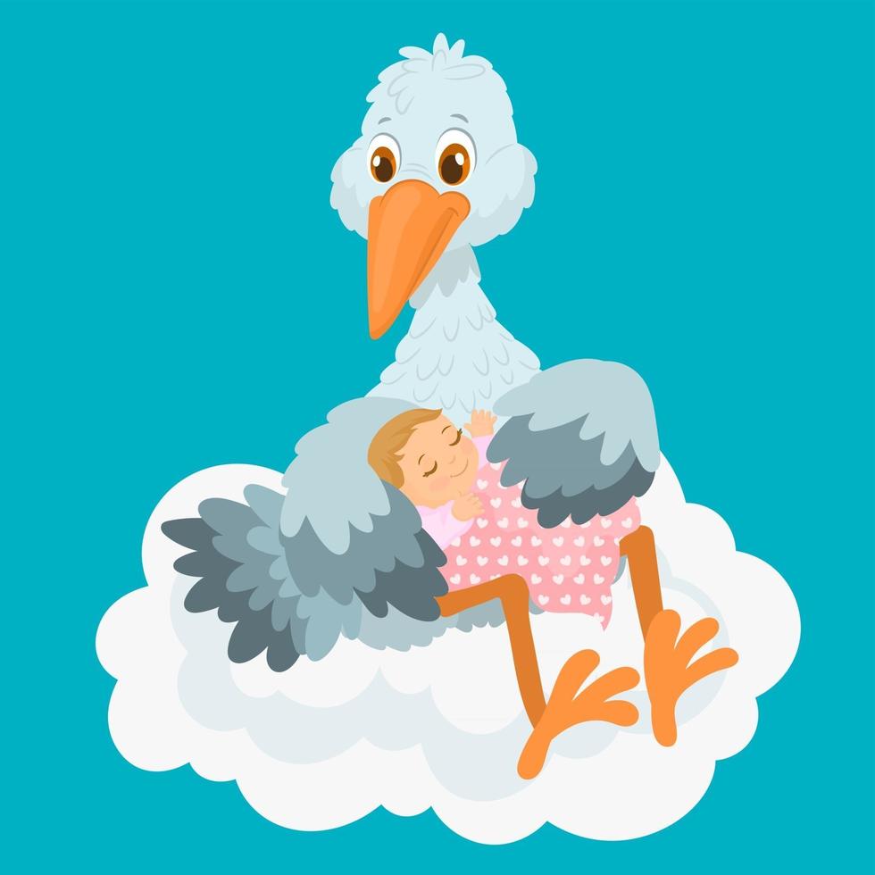söt stork som bär en bebis på ett moln vektor
