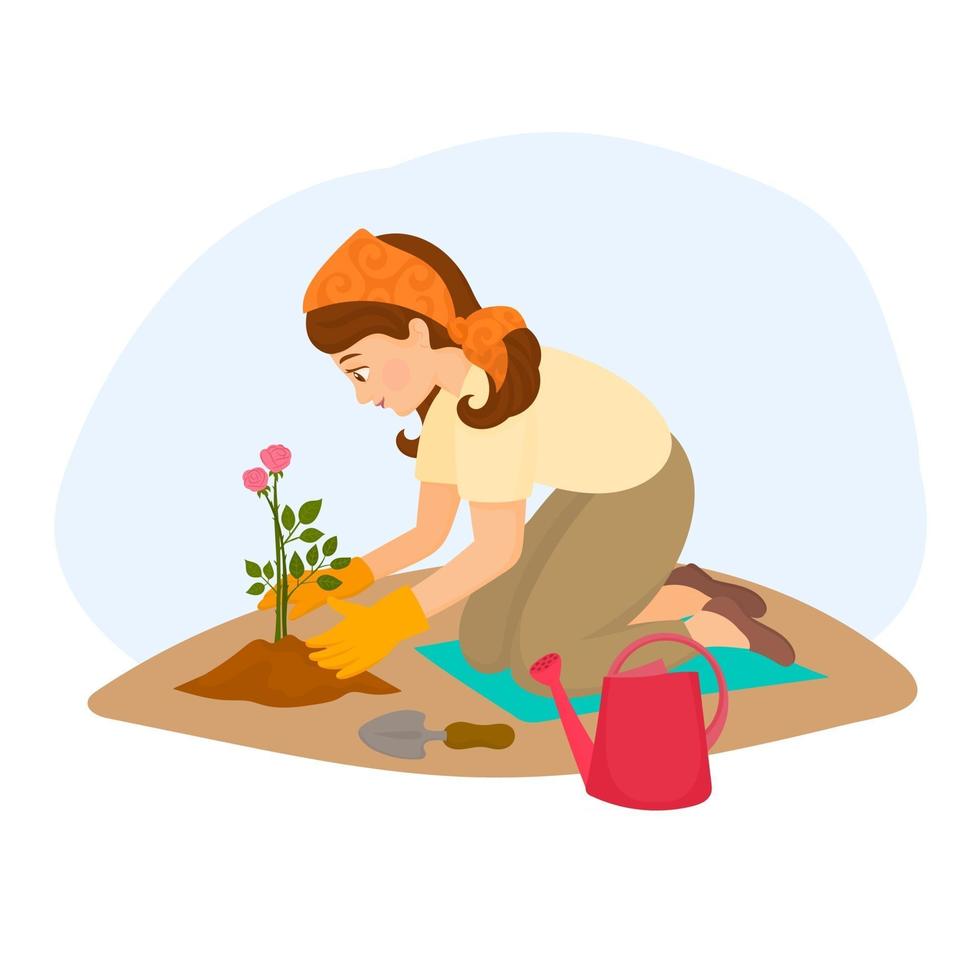 ung kvinna som planterar blomma i trädgården vektor