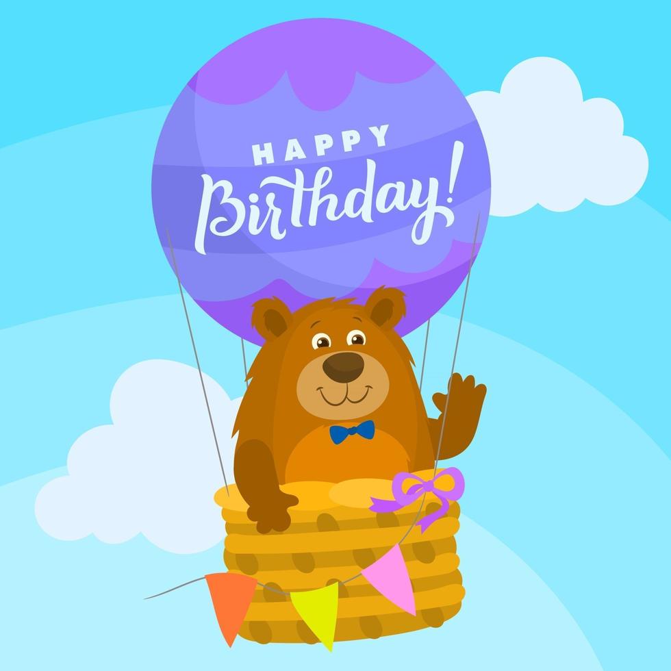 björn med fluga inuti födelsedagen varmluftsballong med blå himmel bakgrund vektor