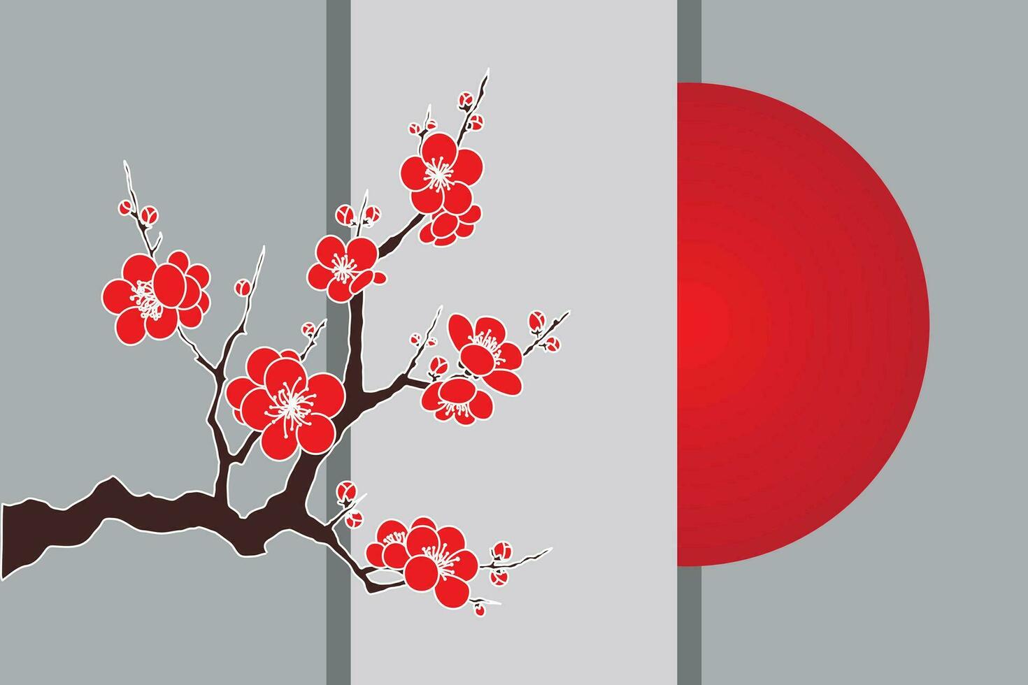 illustration av körsbär blommar blomma på gren med röd cirkel Bakom grå bakgrund. vektor