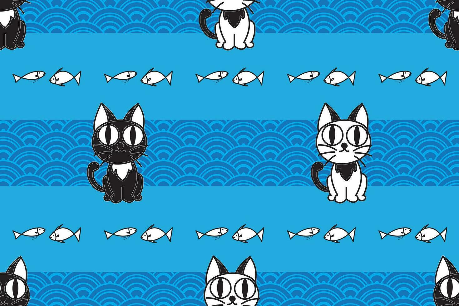 Illustration Muster von schwarz und Weiß Katze mit abstrakt Welle und Fisch auf Blau Hintergrund. vektor