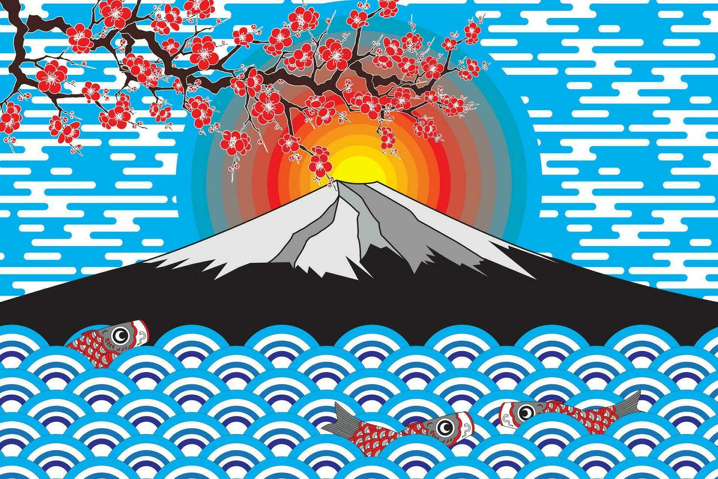 Illustration von das Sonnenaufgang auf schwarz Fuji Berg und Kirsche Blüten Blume mit Welle und Fisch. vektor