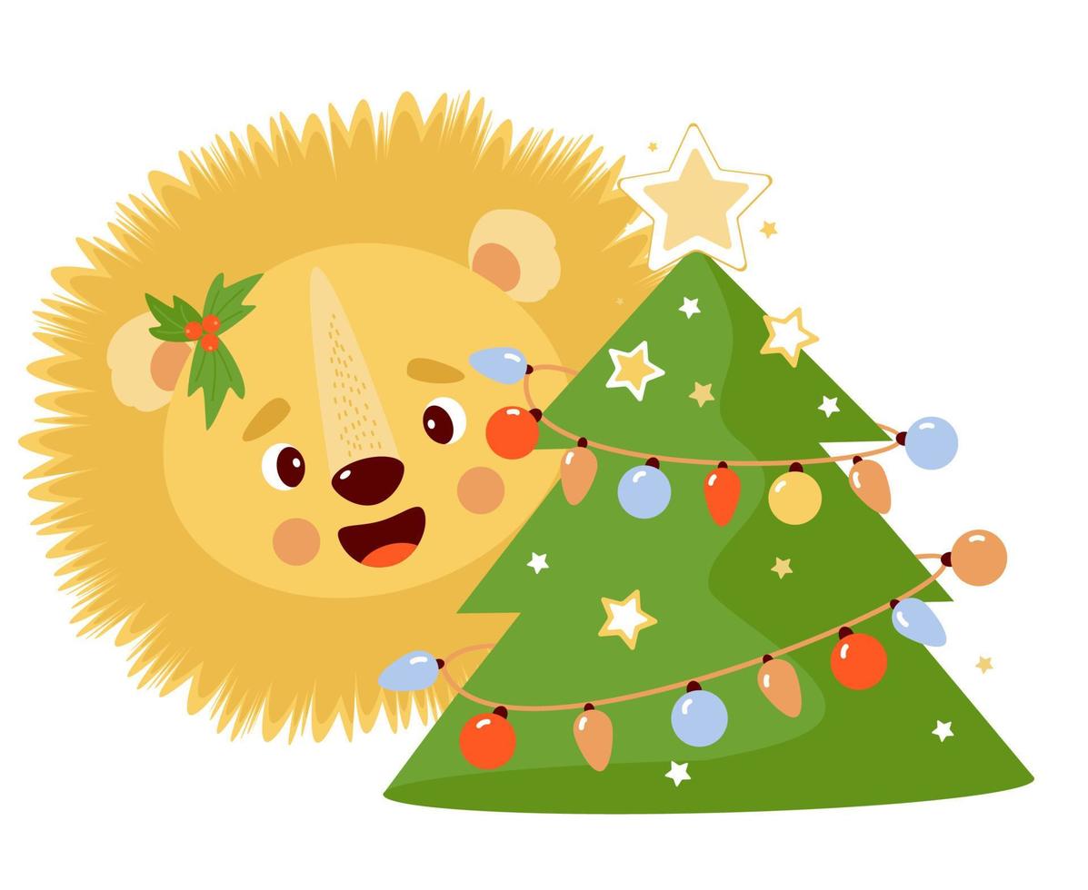 Maulkorblöwe mit Weihnachtsbaum. Vektor-Illustration vektor