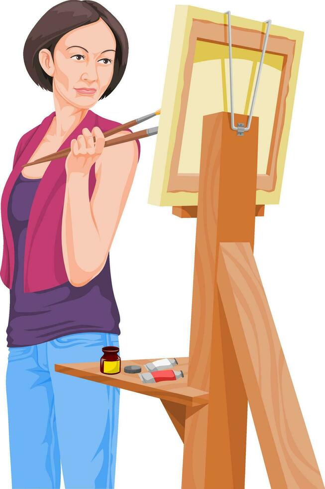 vektor av kvinna konstnär ser på henne målning.