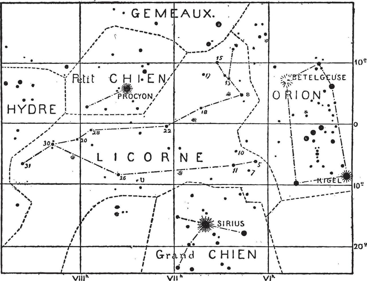 monoceros eller enhörning konstellation, årgång gravyr vektor