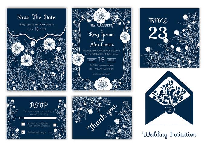 Bröllopinbjudan, Spara datum, RSVP-kort, Tackkort, Bordnummer vektor