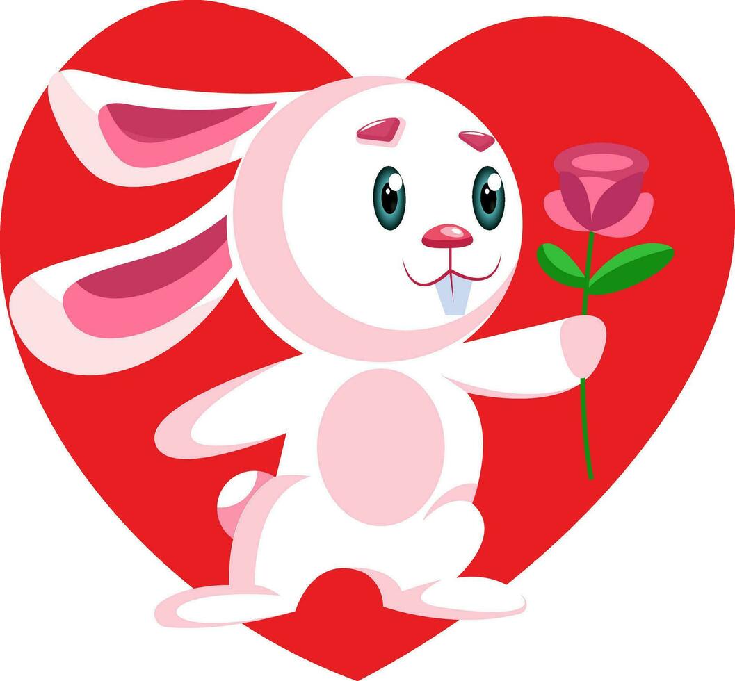rosa kanin innehav en mörk rosa reste sig vektor illustration i röd hjärta på vit bakgrund.