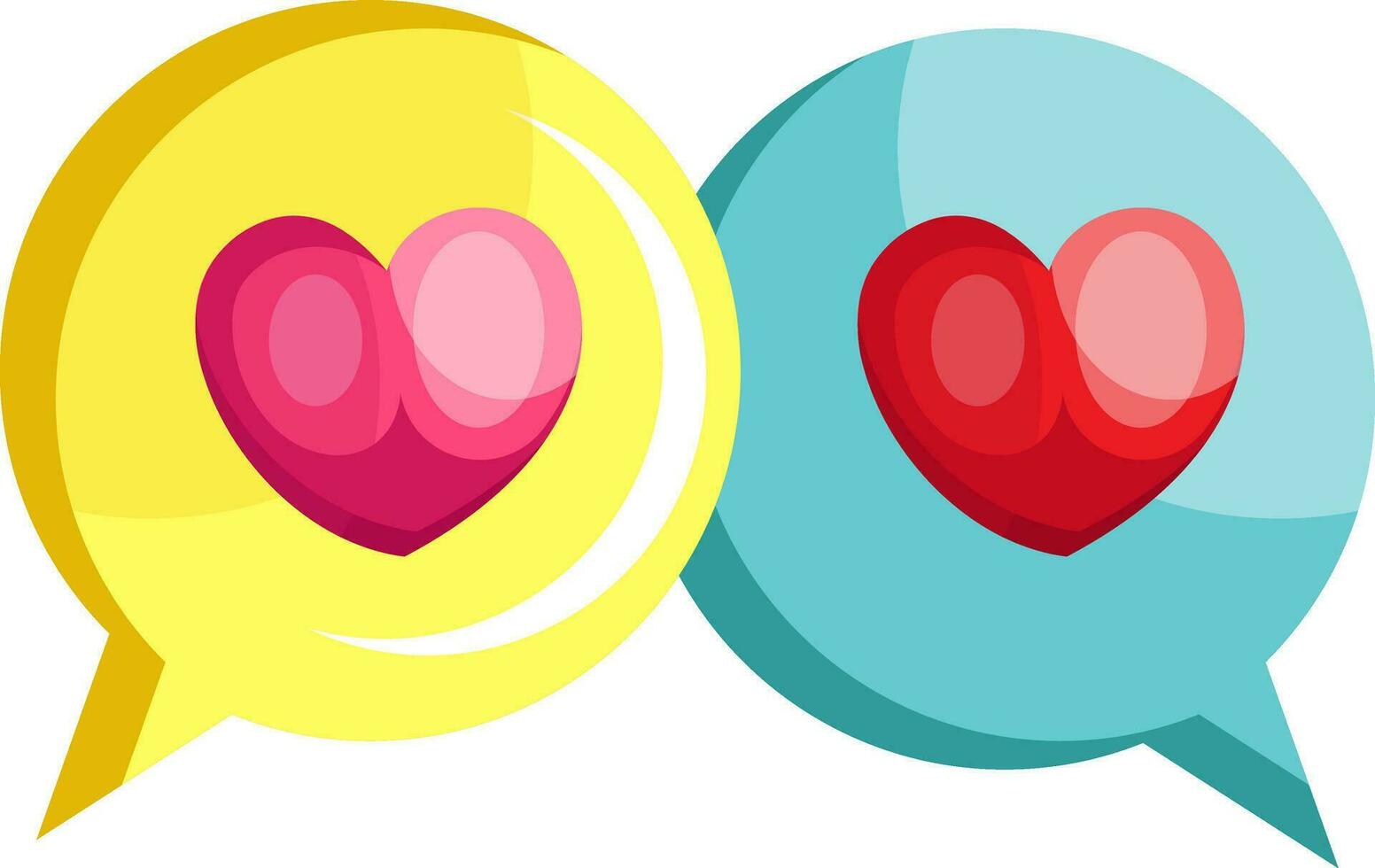 Gelb Plaudern Blase mit ein Rosa Herz und Blau Plaudern Blase mit ein rot Herz Vektor Illustration auf Weiß Hintergrund.