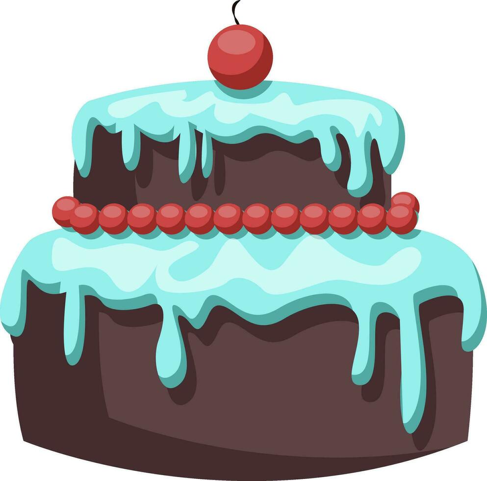 brun kaka med ljus blå glasyr och röd körsbär vektor illustration på vit bakgrund.