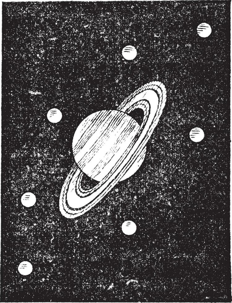 saturn och dess satelliter gravyr vektor