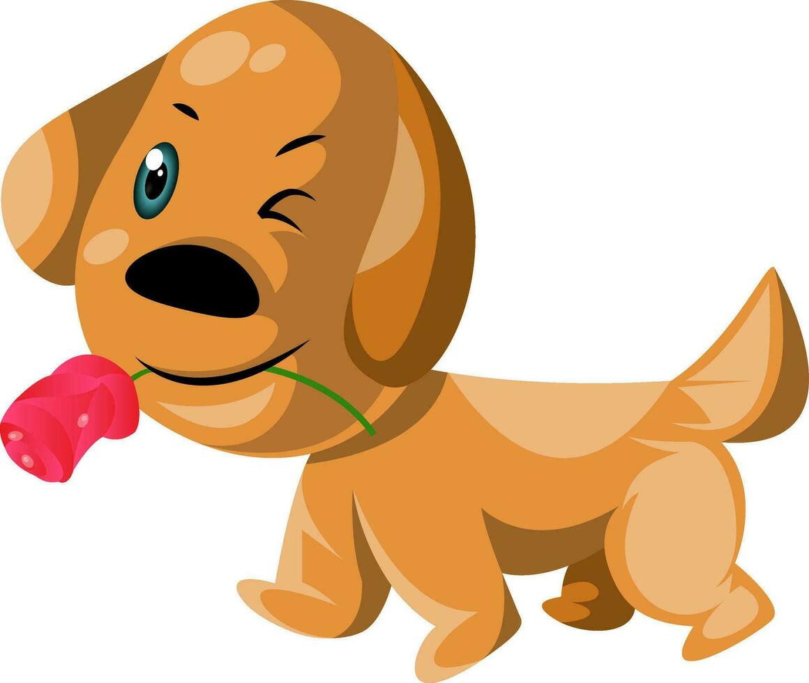 Licht braun Hund halten ein Rosa Rose im seine Mund Vektor Illustration auf Weiß Hintergrund.