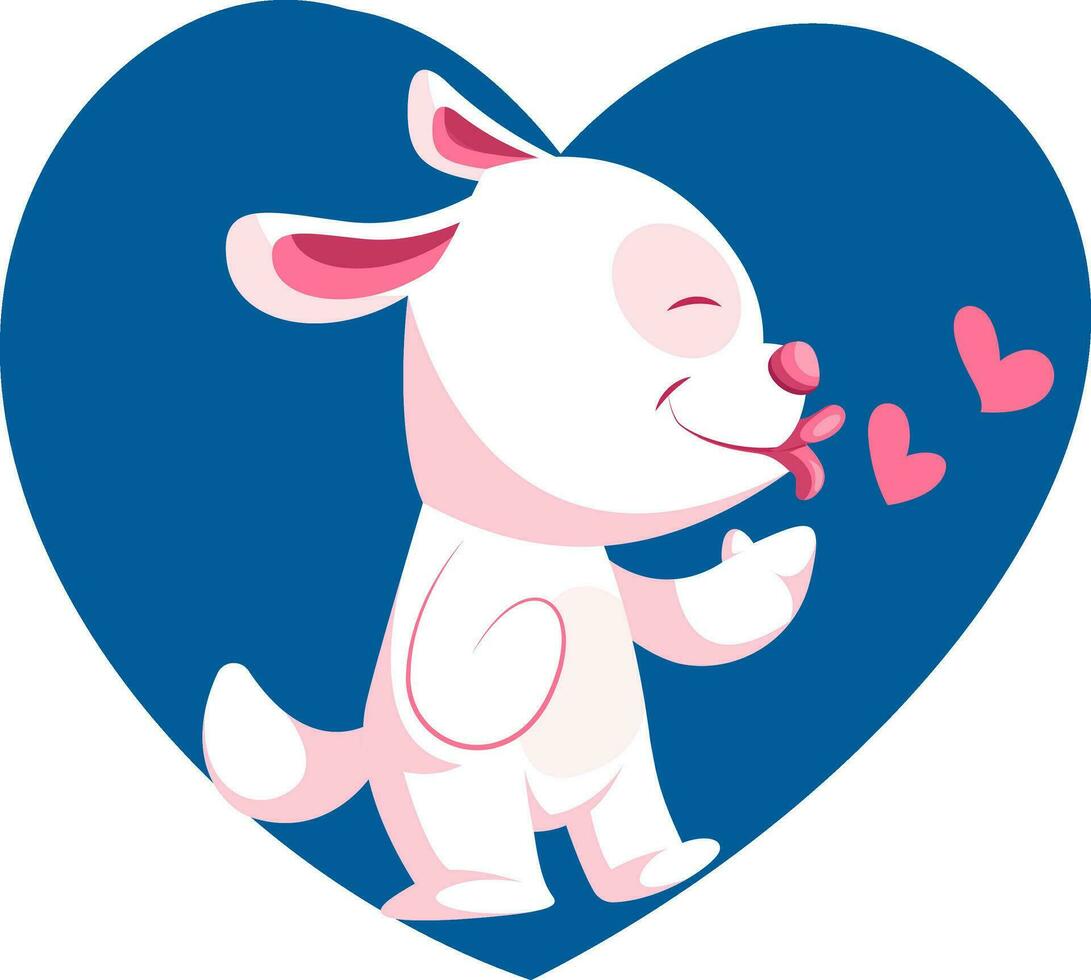 ljus rosa hund kasta kyssar vektor illustration i blå hjärta på vit bakgrund.